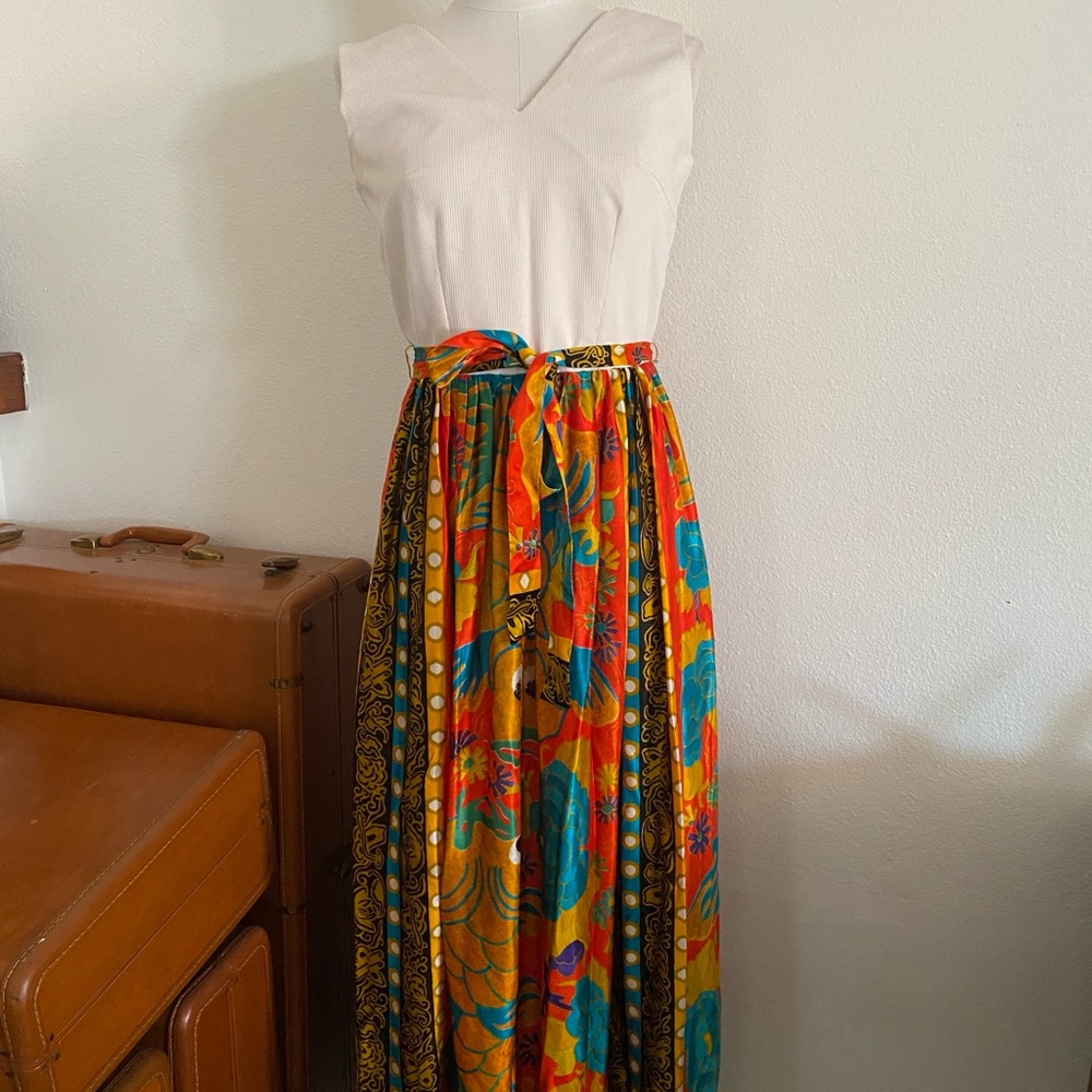 Vintage 1960s Mod Maxi Charlotta Of California Koi Fish Dress Orange Gold Twofer